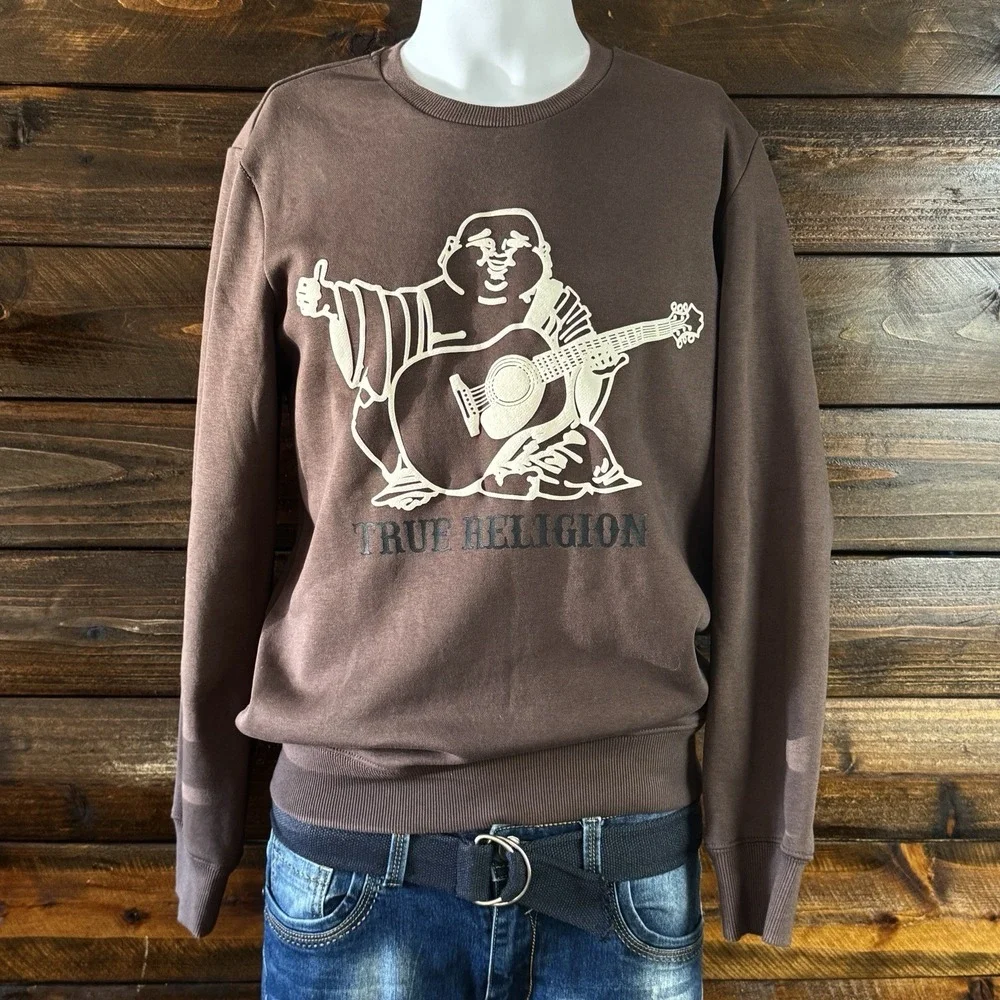 True Religion Buddha Embossed Graphic Brown Unisex Sm Crewneck Sweatshirt‎ 42